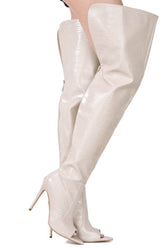 Crocodile-Effect Peep Toe Thigh High Stiletto Boots - White